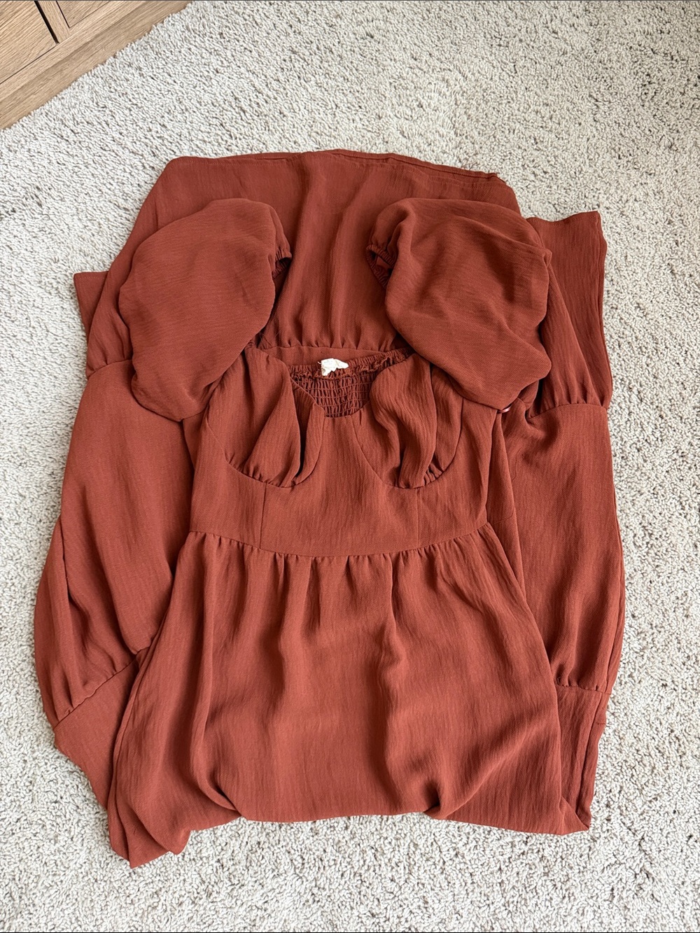 Women's Rust Midi Dress with Puff Sleeves